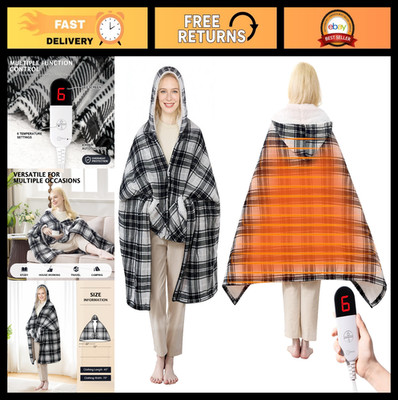 Wearable Heated Shawl Blanket with Hood & Pockets, 6 Heat Levels, Reversible Fla