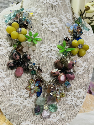 OOAK Artisan Floral Charm Gem Stones Necklace Rose Quartz Rhodonite Fluorite