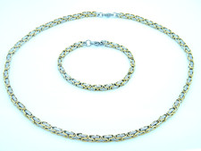 MEN'S SILVER/GOLD CHUNKY LINK CHAIN BYZANTINE STAINLESS STEEL NECKLACE SET