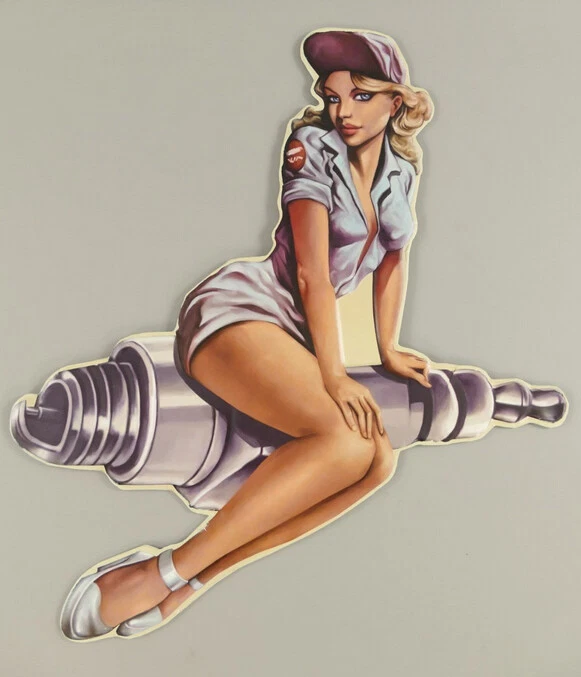 Vintage - großes Blechschild ca. 57 cm. - Frau ( Pin Up Girl ) auf Zündkerze - Bild 3 von 4