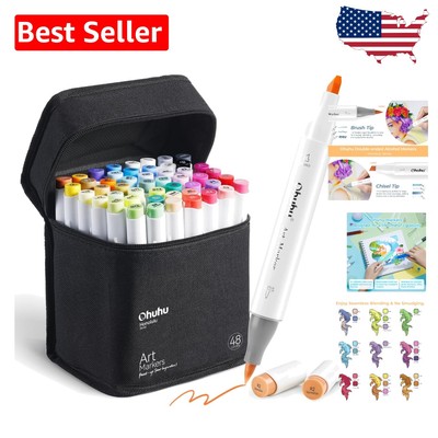 48-Color Alcohol Marker Set with Brush & Chisel Tips - Refillable & Portable