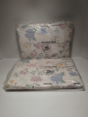 Vintage JC Penney Dacron Floral Full sz Flat & Fitted Sheet Stitched Floral