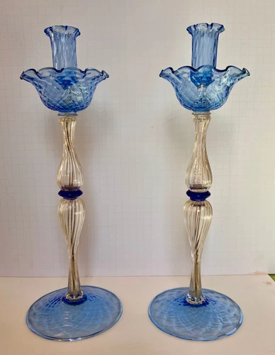 Vintage Italian Mid Century, Blue Murano Glass Candlesticks. 13" x 5.5"