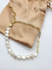 Louise Carter 14K Plate Paper Clip Pearl Bracelet Adjustable up to 8"