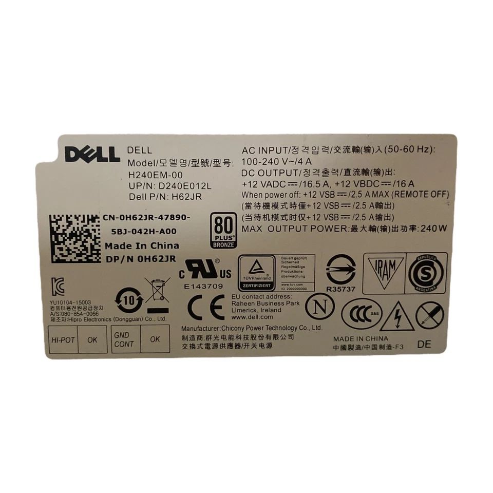 Dell H240EM-00 240W Power Supply 🔌 | P/N H62JR | For OptiPlex 3040/5040/7040 - Image 3 of 3