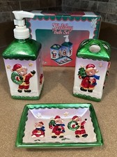 Teddy Bear Holiday Bath Set Soap Dispenser Soap Dish Toothbrush Holder W Box VNT