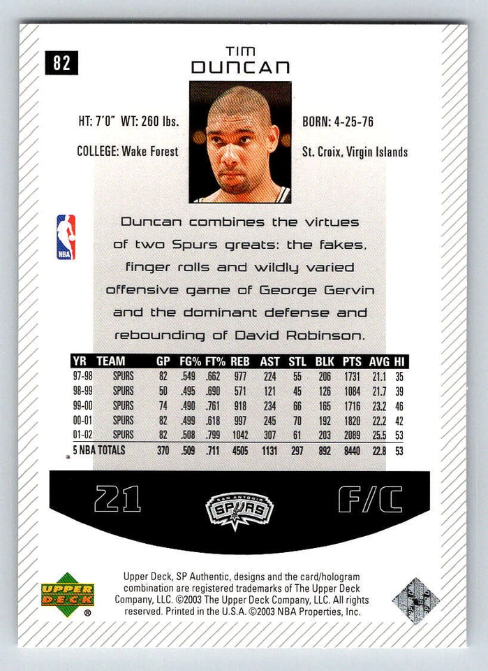 2002-03 SP Authentic #82 Tim Duncan (ref 193217) - Image 2 of 2