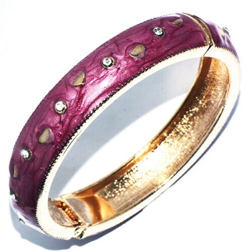 Pretty New Wide Yellow Gold Plated Rose Enamel Heart & Crystal Bangle Bracelet - Picture 1 of 8