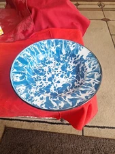Awesome Blue & WHITE SWIRL  GRANITEWARE ENAMEL MILK PAN BOWL 10 Inch Across