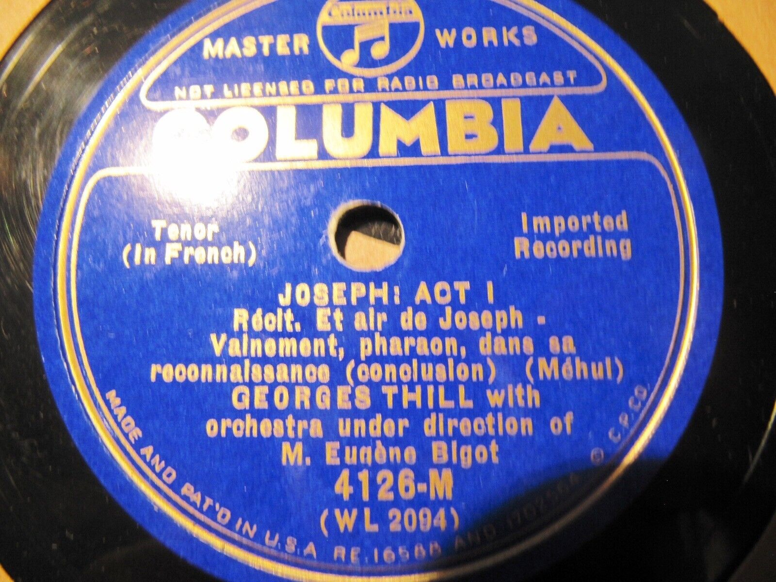 1932 GEORGES THILL tenor Mehul JOSEPH Vainement Pharaon BIGOT COLUMBIA 4126-M