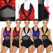 Womens Bodysuit Rumba Jumpsuit Dancewear Leotard Cutout Shiny Waist Dance Mesh