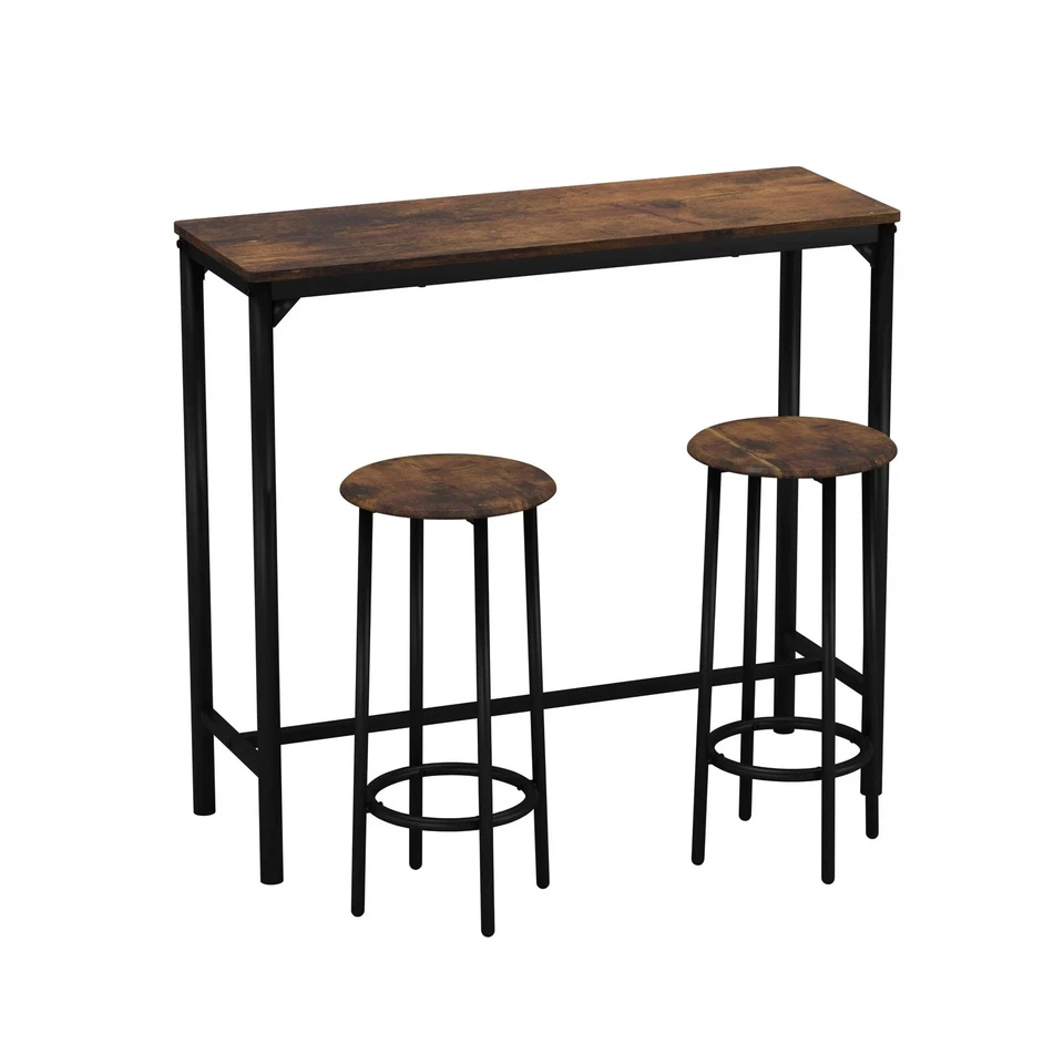 3Pc Bar Table & Stools Set Home Kitchen Dining Breakfast Industrial Furniture - Image 3 of 4