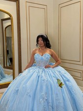 Blue Pleat Quinceanera Dress Tulle Sweetheart Flower Appliques Sweep Train
