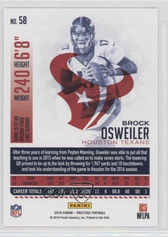 2016 Panini Prestige Xtra Points Red Brock Osweiler #58 - Image 2 of 2