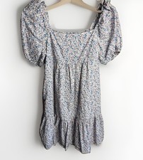 Uniqlo Floral Puff Sleeve Mini Dress Square Neck Blue Purple Ditsy Print Size S