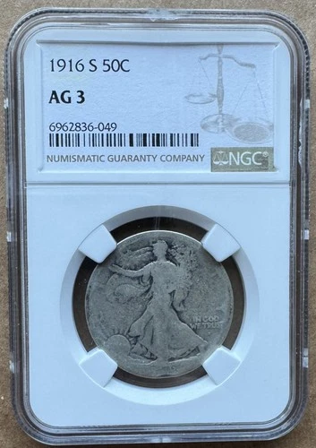 1916 S 50C NGC AG 3 1916-S WALKING LIBERTY HALF DOLLAR SILVER 50c