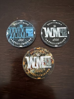 2026 WWE WORLD PRIORITY PASS WRESTLEMANIA 42 (3) POKER CHIP - $100 $500 $1k Set