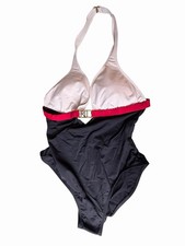 Vtg Ralph Lauren One-Piece Swimsuit Women 10 Black White Red Halter Gold RL Logo