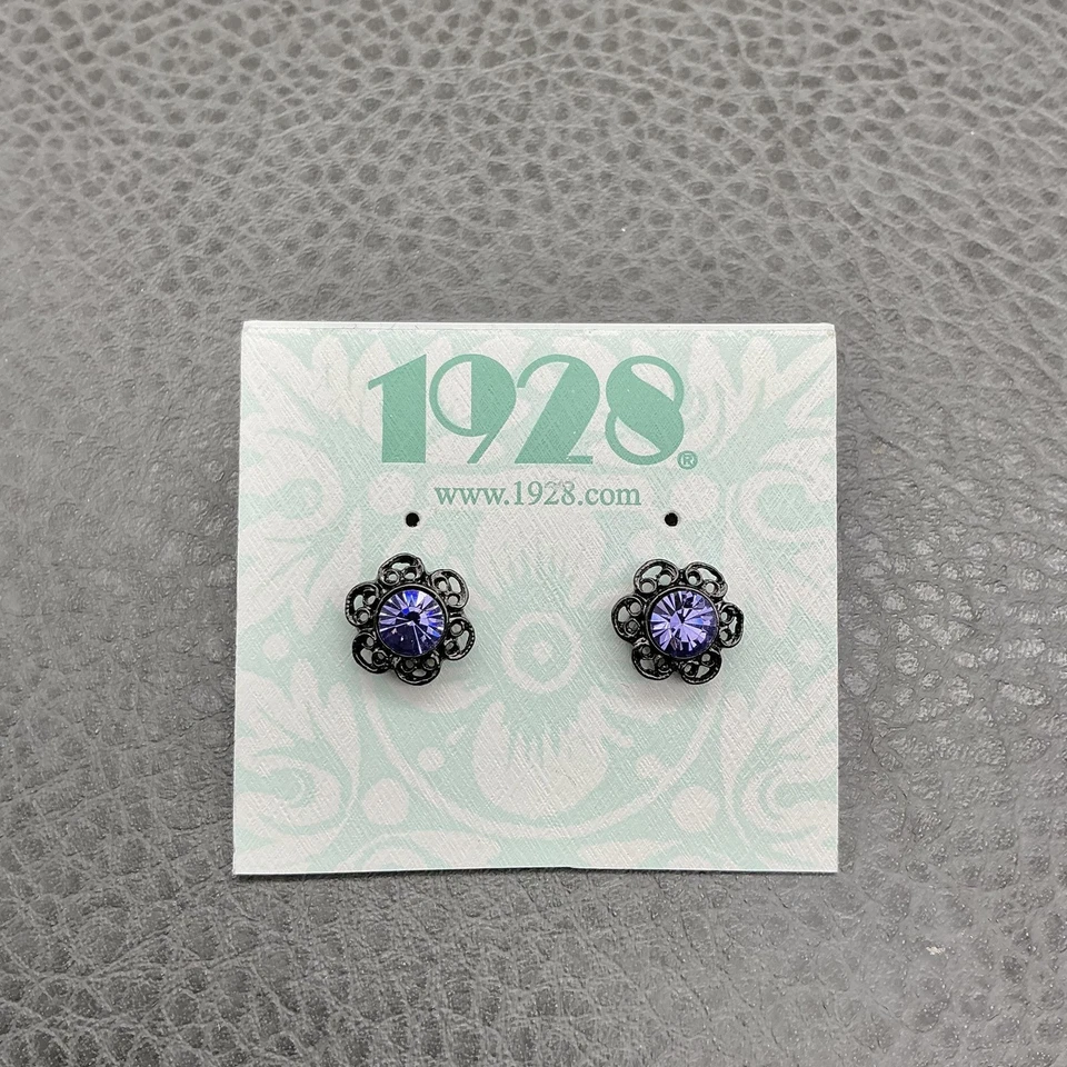 1928 Jewelry Floral Filigree Stud Earrings Purple Crystal Rhinestone Womens 1/2" - Image 2 of 4