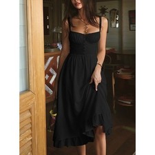 Commense Black Midi Dress Cottagecore Ruffle Hem Button Front Sundress Summer