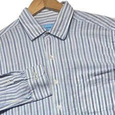 J.McLaughlin Button Down Men L Blue White Striped Linen Cotton Modern Fit Shirt