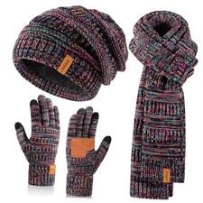 Winter Beanie Hat Scarf Gloves Set for Women, Slouchy Beanie Long Multicolor-01