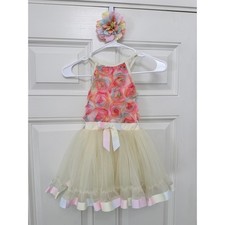 Girls 3D Rosette Tutu Dress Rainbow Ribbon Trim Floral Hair Clip Cream Pink