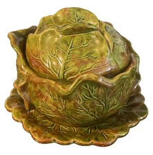 Holland Mold Cabbage Bowl Lid Plate Ceramic 3 Piece Signed Dated Vintage 70s EUC