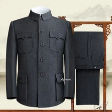 2PCS Zhongshan RetroSuit Men's Button Jacket Dad Set Chinese Style Coat Pants