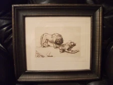 Rembrandt Framed Matted Lion w Man Print Perugini 15.5 x 13.5"