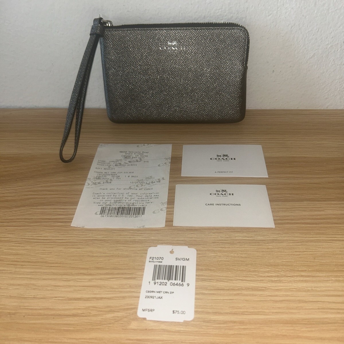 Coach F21070 Metallic Silver Gunmetal Leather Small Corner Zip
