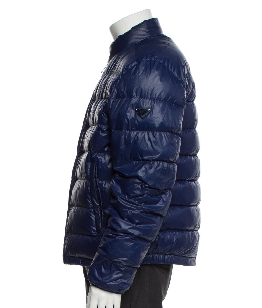 Men's Prada Down Puffer Coat Blue Enameled Metal Triangle Size