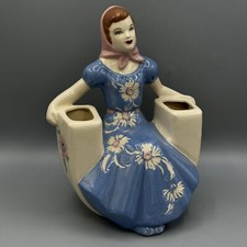 Vtg MCM CALIFORNIA CA Pottery Kaye Girl Blue Dress DBL Planter Vase 8.5?