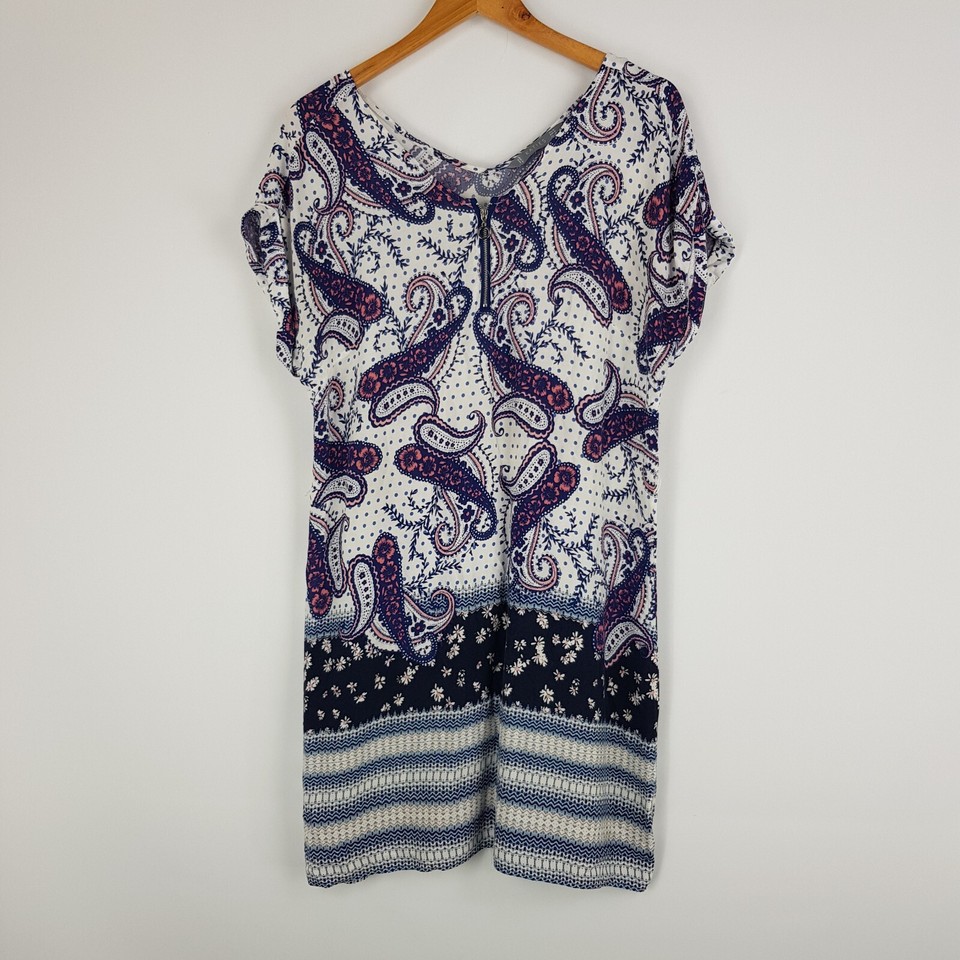 Katies Womens Size 14 Blue White Patterned Straight Shift Dress 1/4 Zip Front