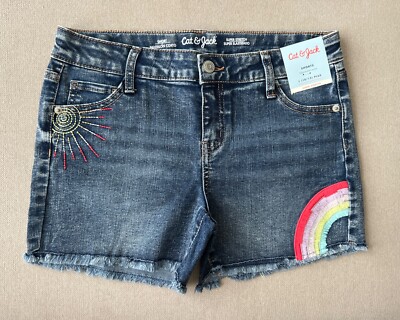 Cat Jack Jean Shorts Girls Sz Large 10-12 Plus Rainbow Adjustable Waist  Blue