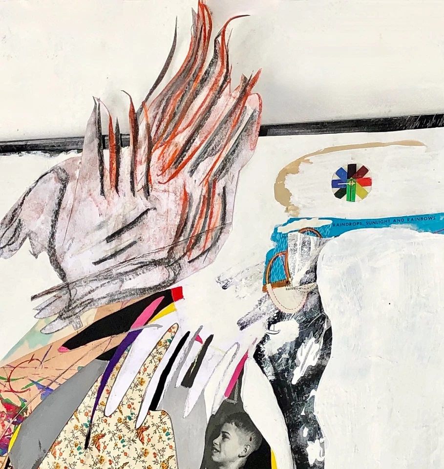 NEW HEAD Black Yellow White Blue Abstract Figure Person Collage Painting - Image 3 of 4