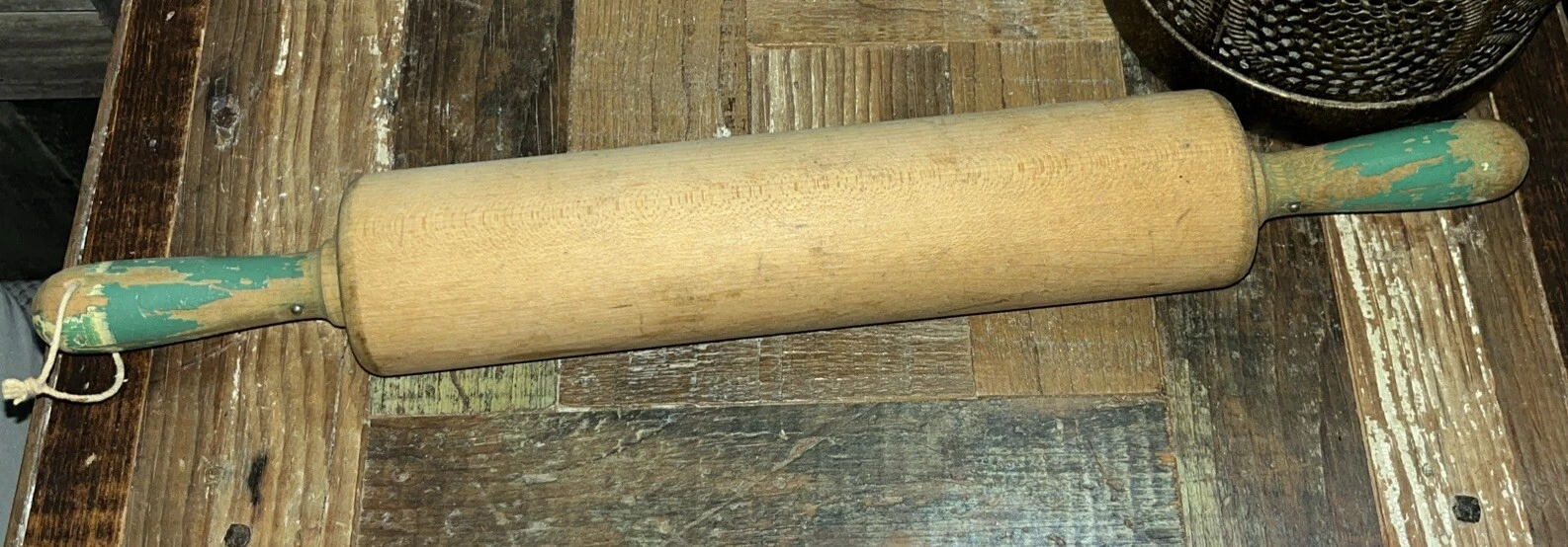 Antique Primitive Rolling Pin Wood, Green Handles, Great Patina Farmhouse 17”