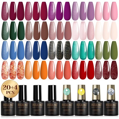 ROSALIND 24PCS Gel Nail Polish Set with Base Coat Glitter Glossy Matte Top Coat