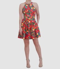 Vince Camuto Women's Red Scuba FloralHalter-Neck Sleeveless A-Line Dress Size 14