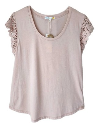 C&C California Top L Blush Prink Crochet Cap Sleeve Round Neck Cotton Blouse New