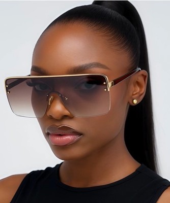  Sunglasses Men Women Large Square Half Rimless Dark Black Lens Elegant Eye Wear