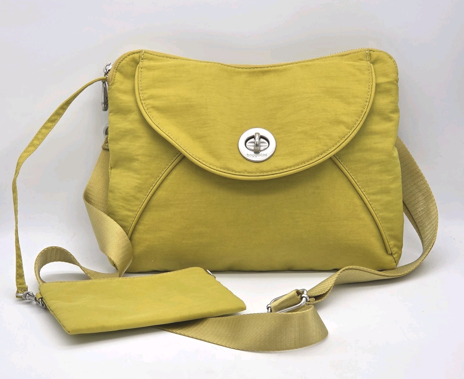 Bagallini Purse Nylon Crossbody Bag Mustard Yellow Medium Turn Lock With Pouch