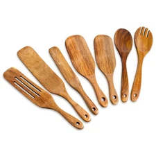 7 Pcs Wooden Spurtle Spatula Set Natural Acacia Wooden Kitchen Utensil Set