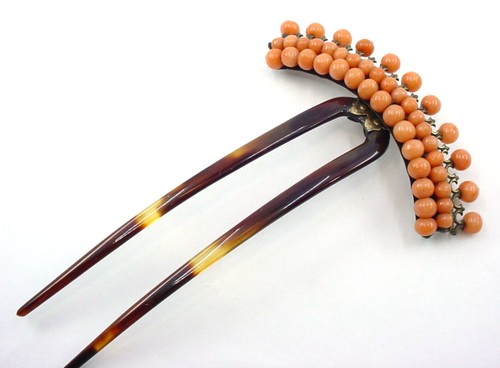 Rare Coral Victorian Beaded Hair Pin Comb Barrette--European