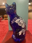 Adorable Fenton Glass Cobalt Blue  Sitting Cat-Hand Painted Signed Floral Ex Con