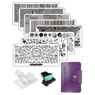 8pcs Nail Stamp Plates + Nail Stamper with Scraper+ 1 Pcs storage bag Nails Art 