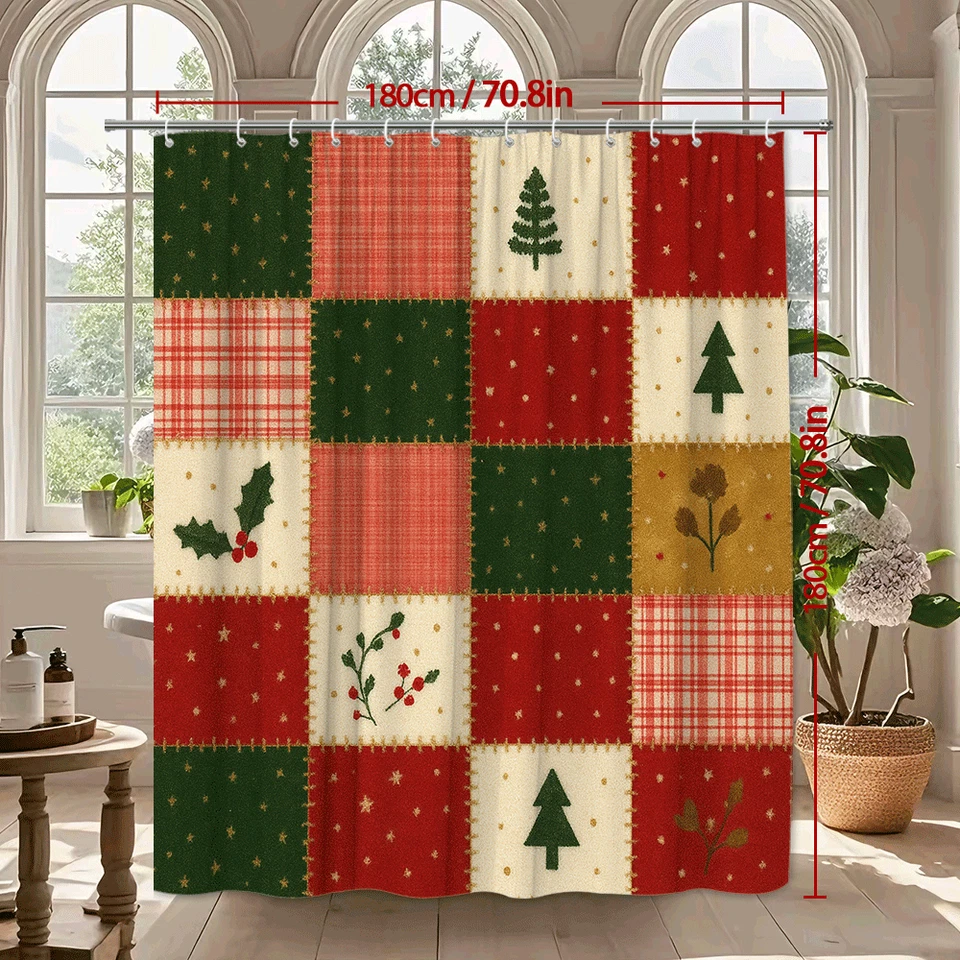 Cortina de Ducha de Navidad con Diseño de Retazos Rojo Verde Foto 3 de 4