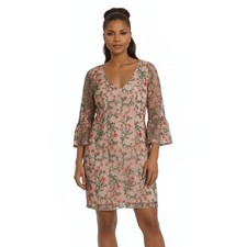 New Adrianna Papell Dress Women's Size 16 Coral Multi Floral Vines Bell Sleeve