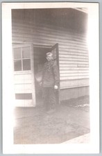 Vtg B&W Snapshot Young Man Soldier in Field Jacket By Wooden Barracks 1940s