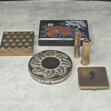 Vtg Makeup Powder Case Compacts Lipsticks Jewelery Box W/ Earrings Junk Drawer 